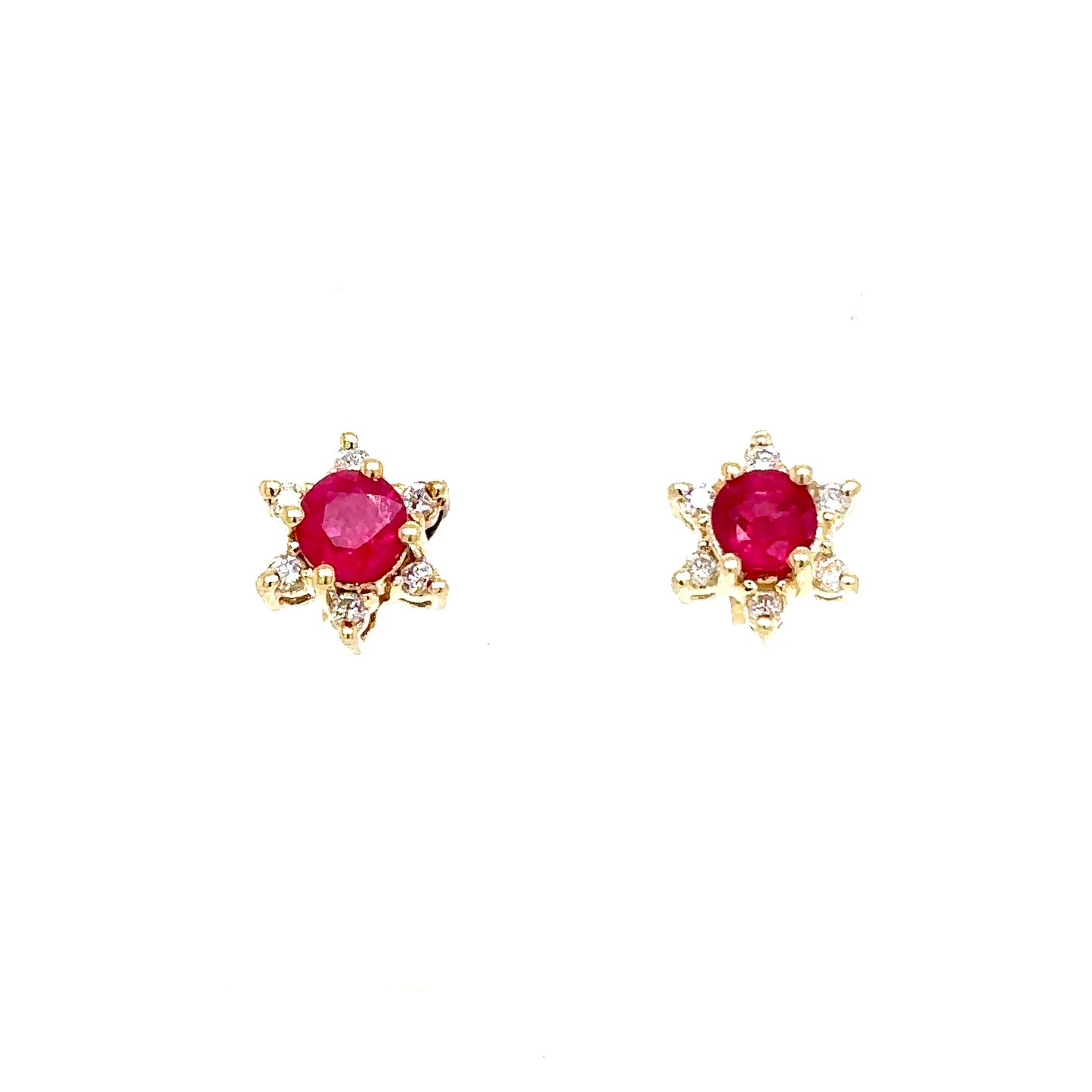 14k Yellow Gold Diamond and Ruby Flower Earrings