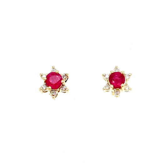 14k Yellow Gold Diamond and Ruby Flower Earrings