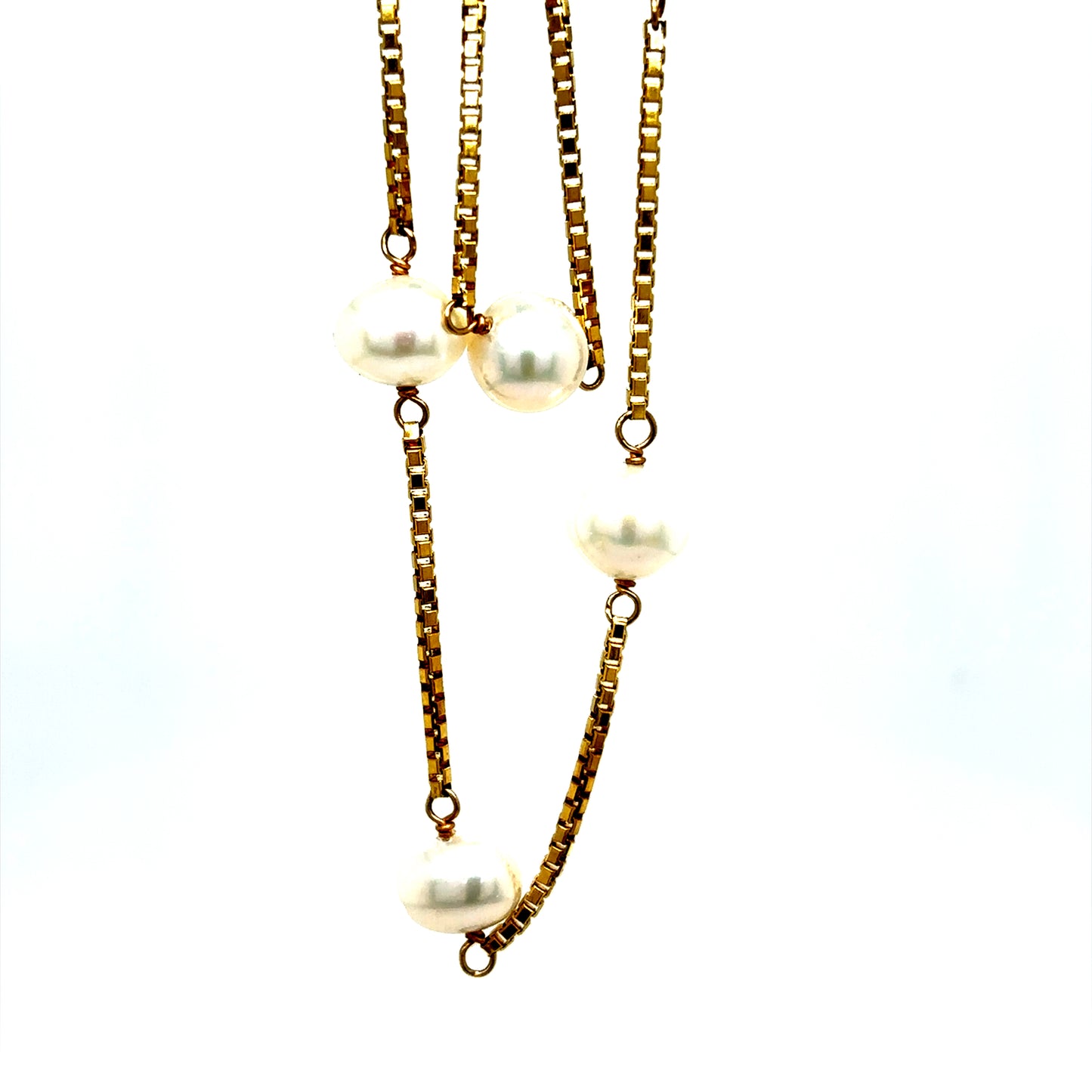 14k Yellow Gold Pearl Station Box Chain