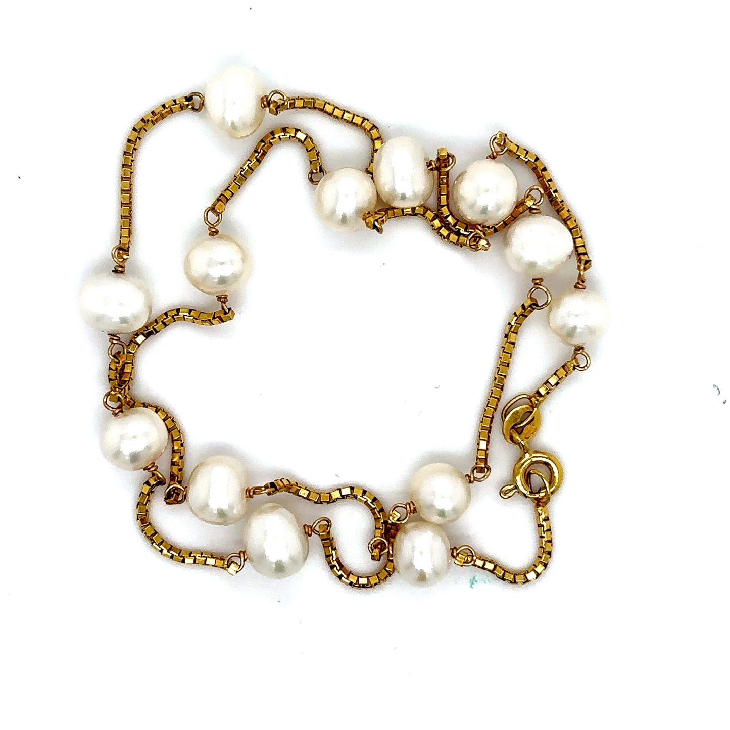 14k Yellow Gold Pearl Station Box Chain
