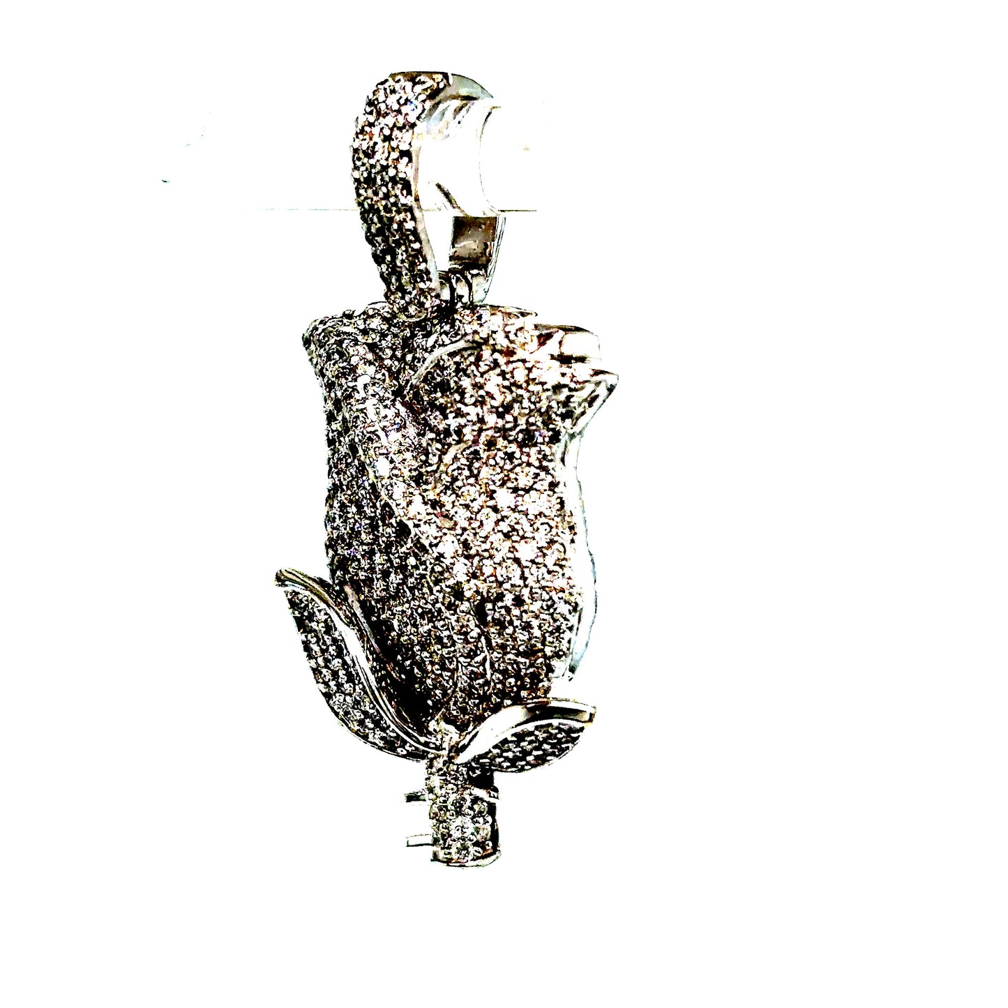 14k White Gold 3D Diamond Rose Pendant
