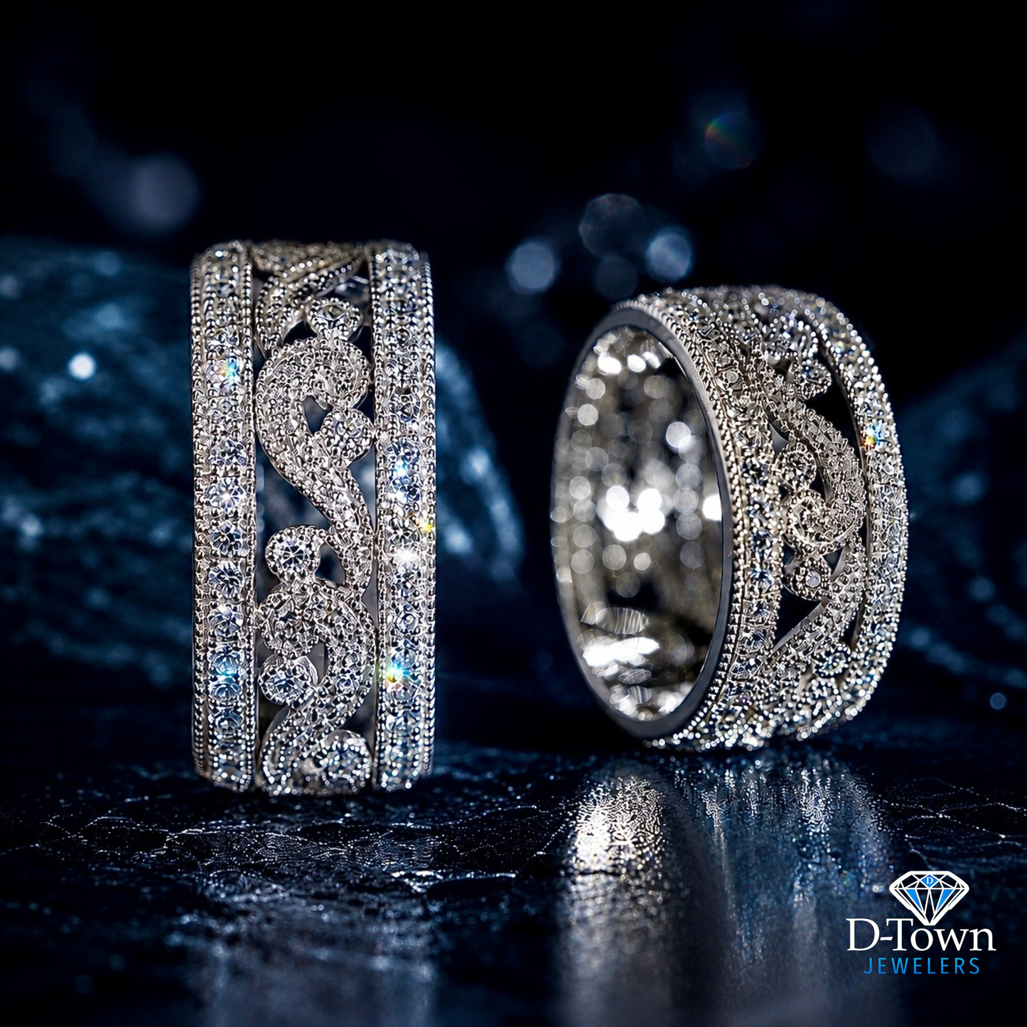14k White Gold Diamond Filagree Detail Band