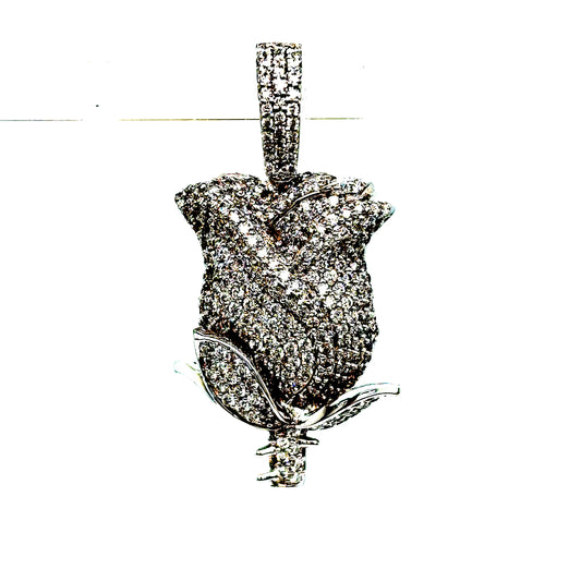 14k White Gold 3D Diamond Rose Pendant