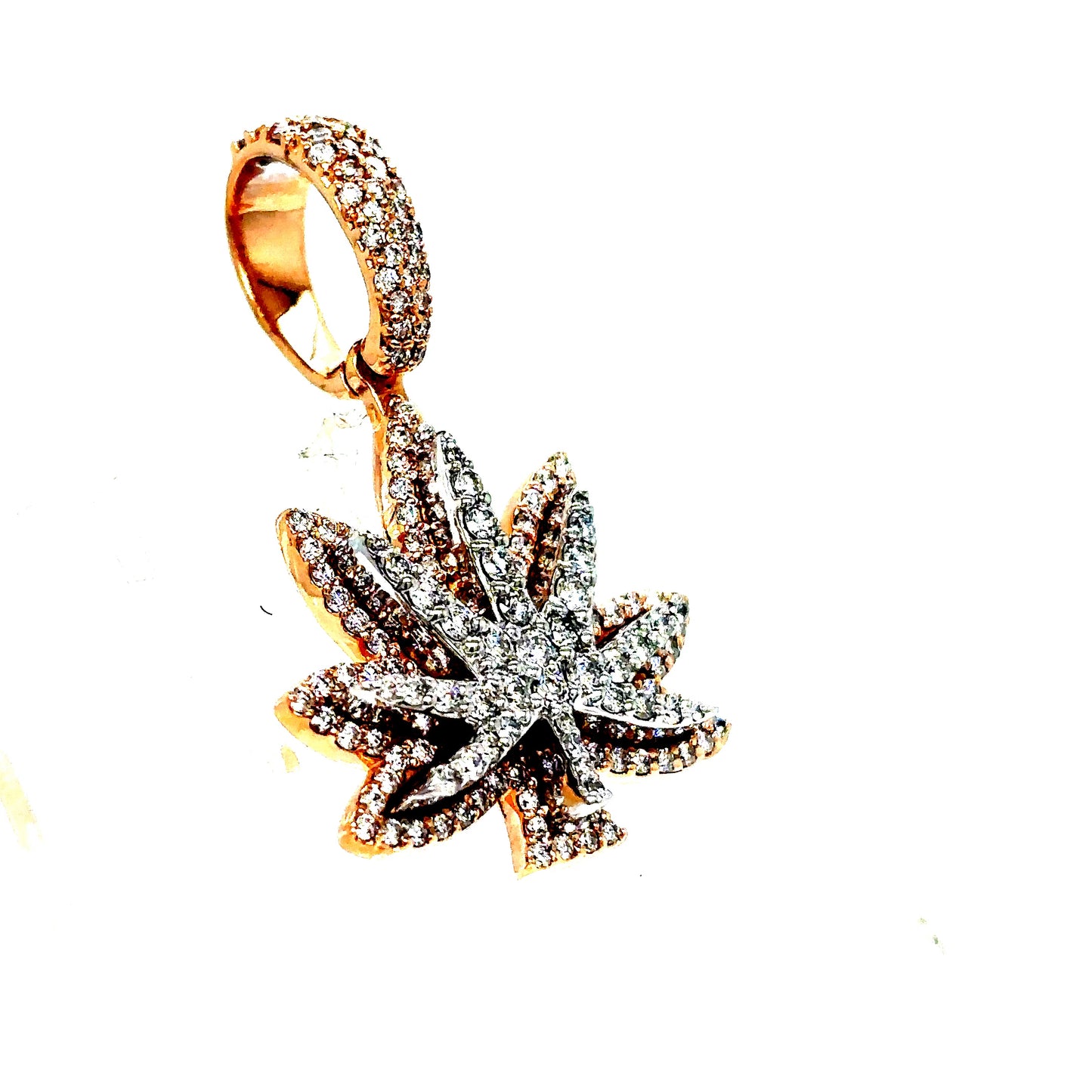 14k Rose & White Gold 3D Diamond Weed Leaf Pendant
