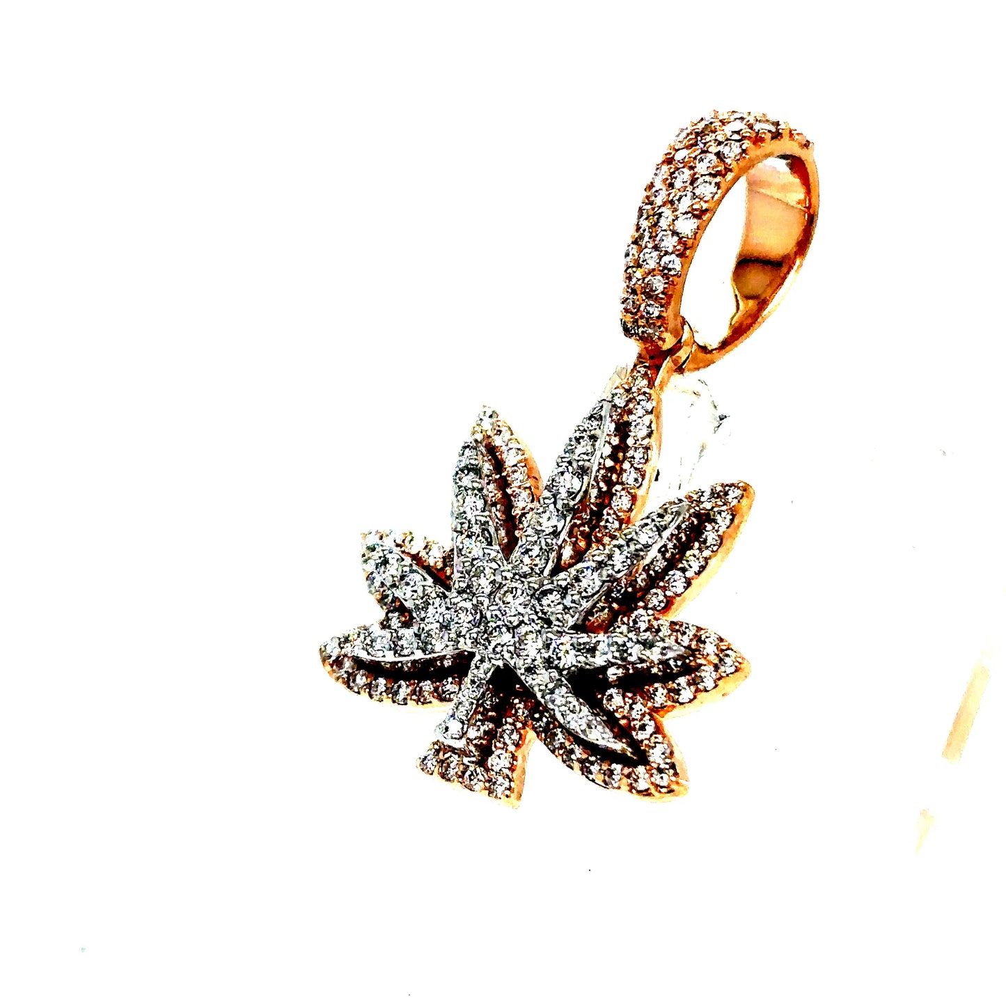 14k Rose & White Gold 3D Diamond Weed Leaf Pendant
