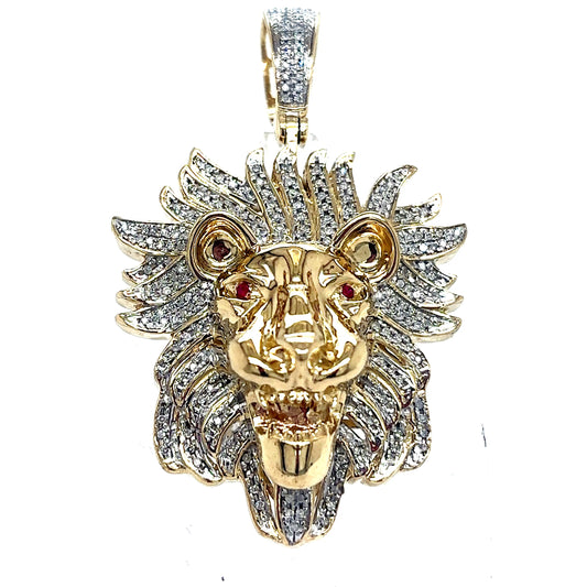 10k Gold Diamond Lion Head w/ Ruby Eyes Pendant