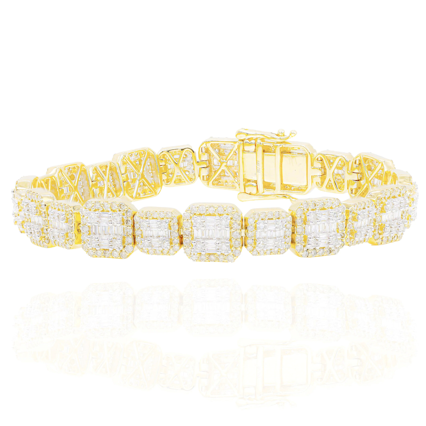 14k Square Link Baguette & Round Diamond Bracelet
