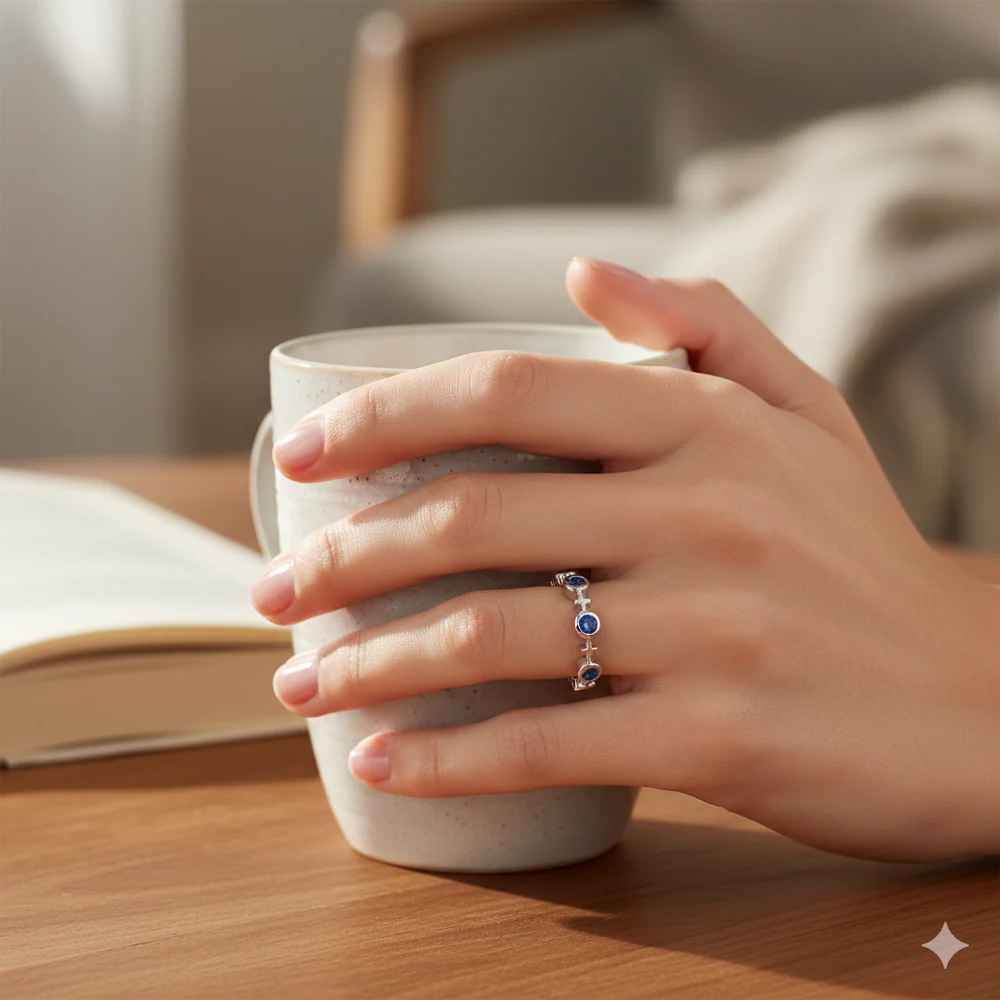 14k White Gold Diamond & Sapphire Cross Ring